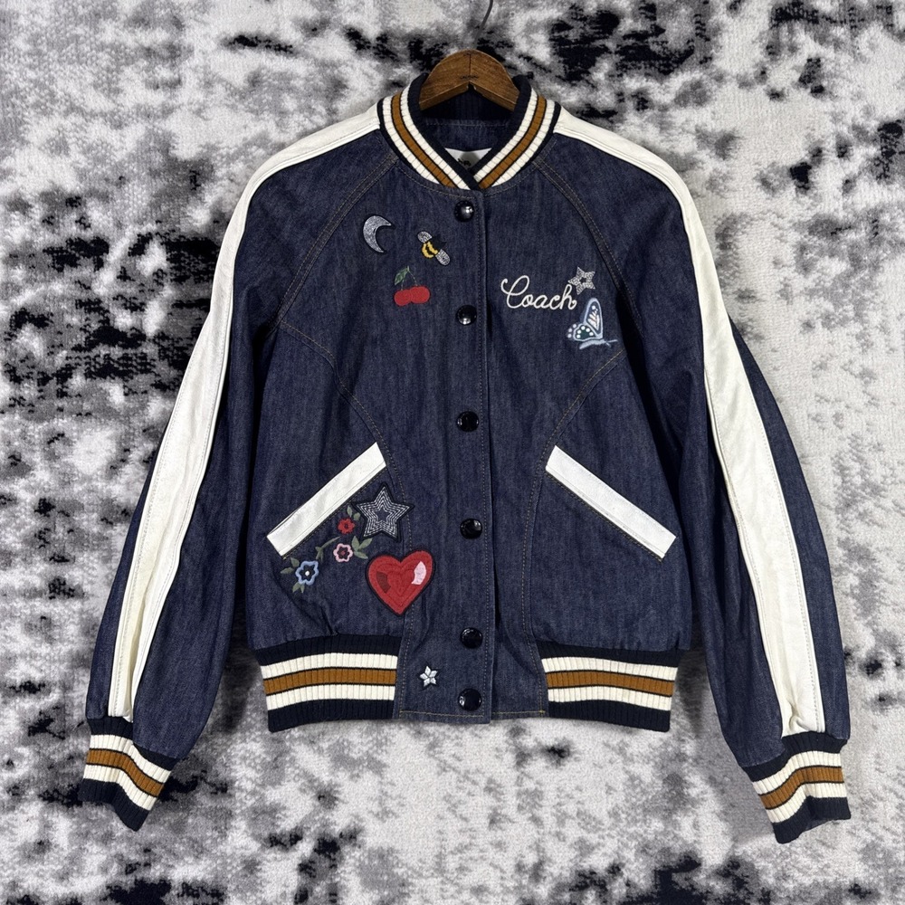 Coach‎ Denim Varsity Jacket Womens Small Dark Wash Blue Embroidered Cutesy Girly
